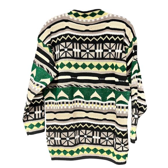 Vintage XL women's 1980s 1990s knit mock neck abstract tunic sweater green black - Picture 2 of 4